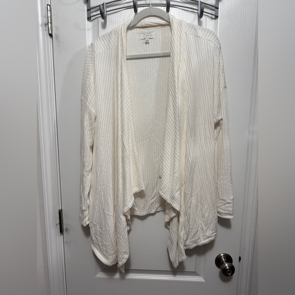 Lucky Brand Open Front Cardigan Sweater Women’s L Ivory Ribbed Soft Neutral boho